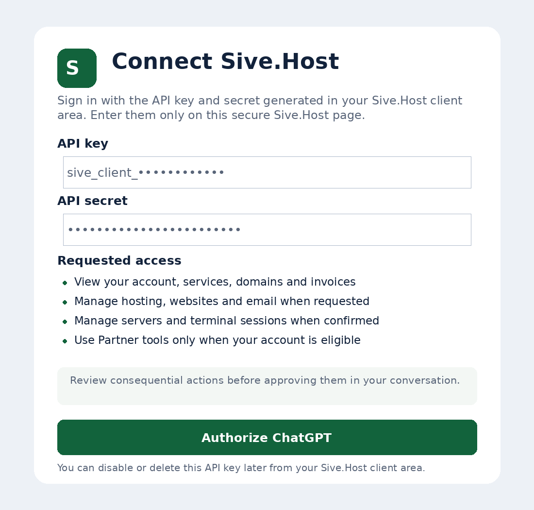 Authorizing ChatGPT on the secure Sive.Host page