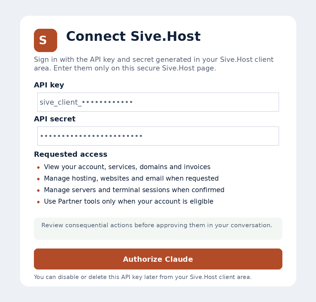 Authorizing Claude on the secure Sive.Host page