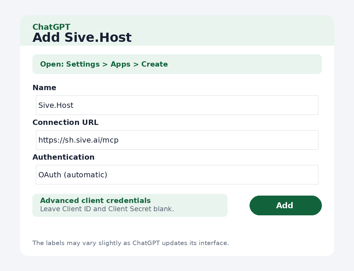 Adding the Sive.Host connection in ChatGPT