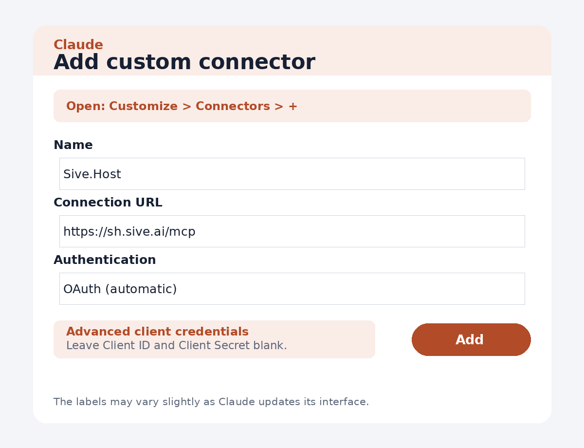 Adding the Sive.Host custom connector in Claude